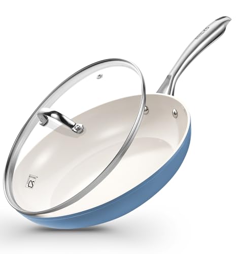 Image of KOCH SYSTEME CS Nonstick Frying Pan with Lid, 10 Inch Non Stick Skillet with Stay-Cool Stainless Steel Handle, Omelet Pan with Nonstick Ceramic Coating, PFOA Free, Dishwasher & Oven Safe, Blue