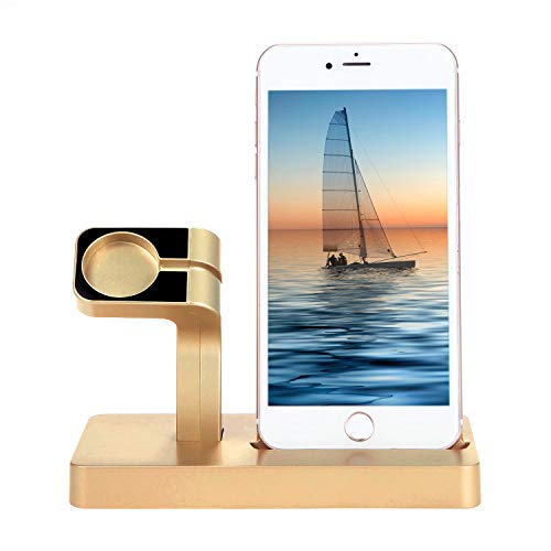 TeqHome Soporte 2 en 1 para reloj de teléfono, estación de carga compatible con iPhone X/8/7/6/5, iWatch (dorado)