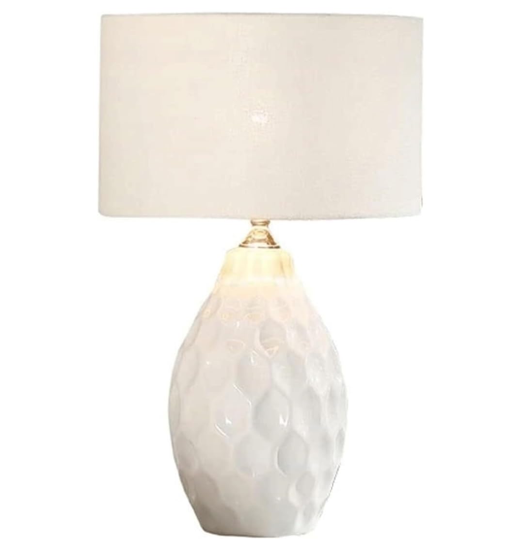 SGKOMN Desk Lamps For Reading American Ceramic Bedside Lamp Fabric Lampshade Nightstand Lamp Modern Desk Light Lamps For Living Room-White-Push Button
