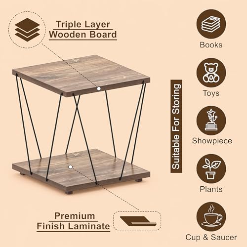 Image of JD FRESH Wooden End Table with Modern Metal Frame /Open Storage Shelf /Multi-Purpose Display & Storage Shelf /Stylish, Sturdy & Space-Saving Side Table for Living Room, Bedroom (Deep, Brown)