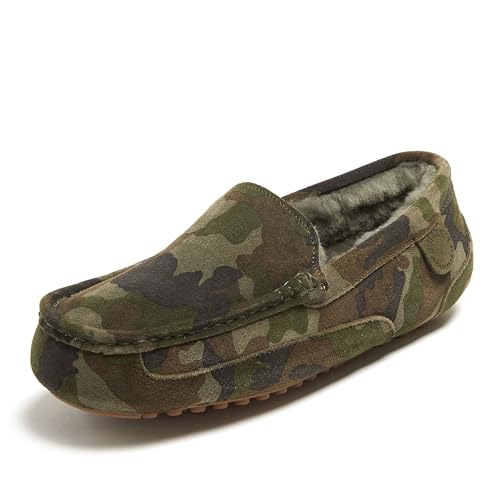 Image of Fireside By Dearfoams Men's Melbourne Genuine Shearling Moccasin Slippers, Memory Foam Sudede Loafers Slip-in House Shoes