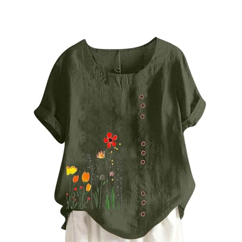 Cotton And Linen Short Sleeve Round Neck Casual Shirt Floral Print Fashion Blouse Women Chic And Elegant Tee Blouses Women Loose Breathable Tops Tunic Plus Size, #09 Green Army, XXL Cotton And Linen Short Sleeve Round Neck Casual Shirt Floral Print Fashion Blouse Women Chic And Elegant Tee Blouses Women Loose Breathable Tops Tunic Plus Size, #09 Green Army, XXL