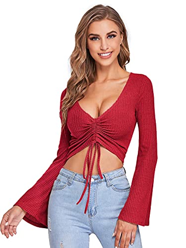 Image of SweatyRocks Women's Adjustable Drawstring String Long Bell Sleeve Rib Knit Sexy Crop Top