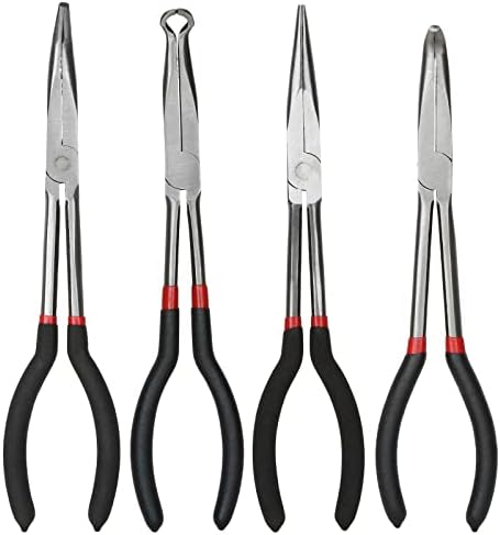 DIRBUY Long Needle Nose Pliers Set, 4 in 1 Bent Needle Nose Pliers 90 Degree, 11 inch Spark Plug Wire Removal Tool, Pointy Nose Pliers, Pinch Nose Pliers, Snipe Nose Pliers, Curved Nose Pliers