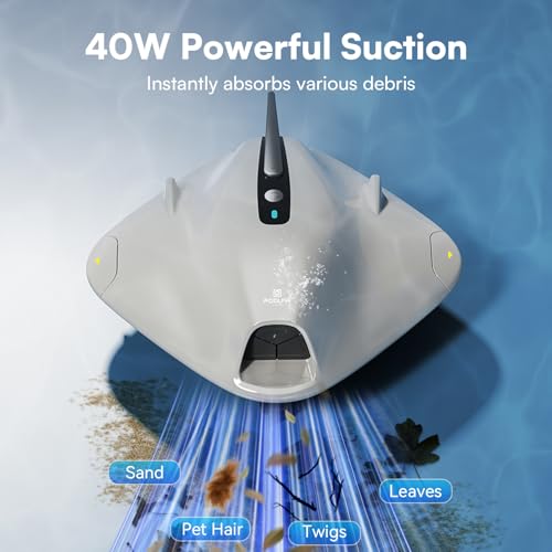Image of PoolMr Cordless Robotic Pool Cleaner - Above Ground Pool Vacuum Robot - 40W Strong Suction, Dual Cleaning System, Barrier Crossing, 120-Min Runtime Up to 1614 Sq for Above Ground Pools, Grayish White