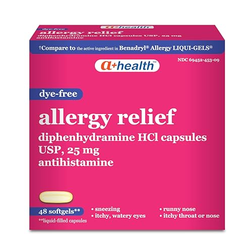 A+Health Allergy Relief Dye-Free Diphenhydramine 25mg Softgels, 48 Count, for Relief of Allergy Symptoms Like Runny Nose, Sneezing, Itch of The Nose or Throat, Itchy, Watery Eyes