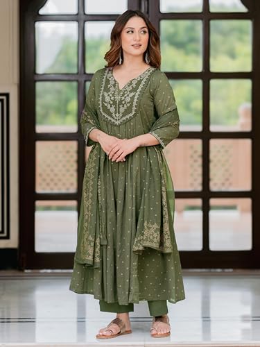 Image of Arayna Women's 100% Pure Cotton Anarkali Kurta Set with Pant & Dupatta | Embroidered Flared Kurta | Elegant Ethnic Suit