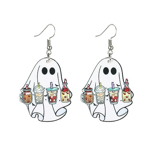 Halloween Ghost Earrings for Women Cute Funny Cartoon Ghost Print Pumpkin Wooden Resin Acrylic Dangle Halloween Lightweight Wood Acrylic Dangle Drop Earrings Halloween Party Jewelry Gifts (Coffee Ghost)