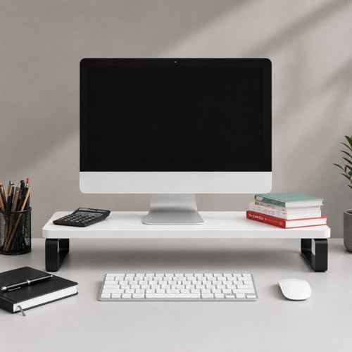 Image of Decorlay Engineered Wood Monitor Stand Riser for Desktop Computer & Laptop | Heavy Duty Metal Frame | Ergonomic Screen Elevation Shelf | Space Saving Desk Organizer with Keyboard Storage | White