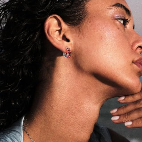 Gloquat Silver Plated Red Cubic Zirconia Hoop Earring For Women Sterling Silver Post Ruby Red Cuff Earring Huggie Stud For Female Hypoallergenic Trendy For Birthday Anniversary Wedding Earring thumb #4