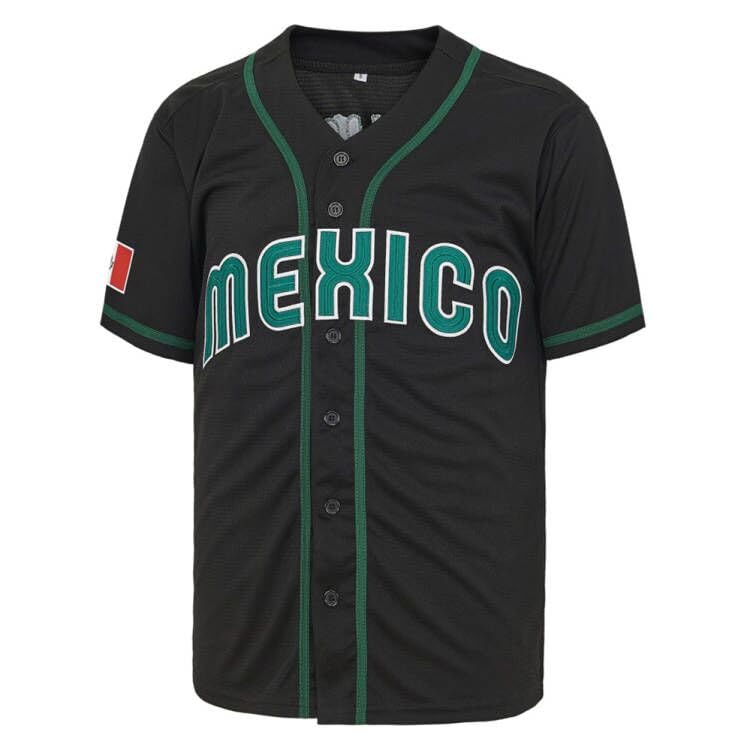 Men's #56#1 Mexico Jersey Button Down Short Sleeve Hipster Hip Hop Baseball Jersey (L, Black #1)