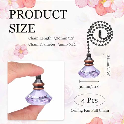 Image of MECCANIXITY 4Pack Ceiling Fan Pull Chain, 12 Inch Decorative Ornaments Diamond Pendant Pull Chain Extension for Ceiling Fans Light Lamp, Purple