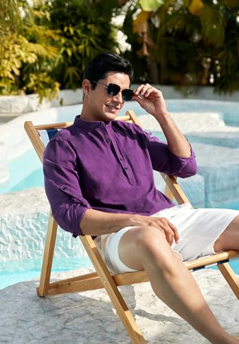Enlision Mens Cotton Linen Henley Shirts Long Sleeve Casual Shirt Summer Beach Hippie T-Shirt Band Collar Shirt & Pocket3