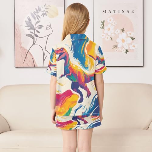 ALAZA Watercolor Dinosaur Satin Pajamas Set Short Sleeve Button Down Sleepwear Summer Pjs 2 Piece4