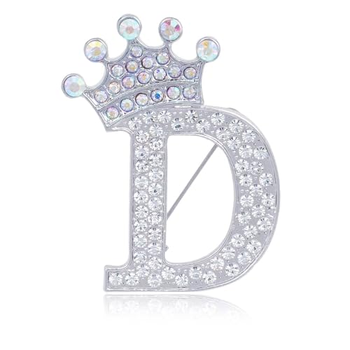 Image of Initial Letter Brooch Pins with Crown for Women Girls Men Boys Personalized Name Brooches Crafts Colorful Rhinestone Brooch Pins Silver A-Z