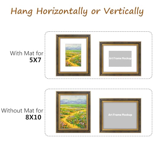Image of Golden State Art,8x10 Ornate Picture Frame Holds 5x7 Photo,Black Gold | Includes real glass front,white mat,easel stand,build-in hangers and buttons.Displays 5x7 photo on wall or tabletop