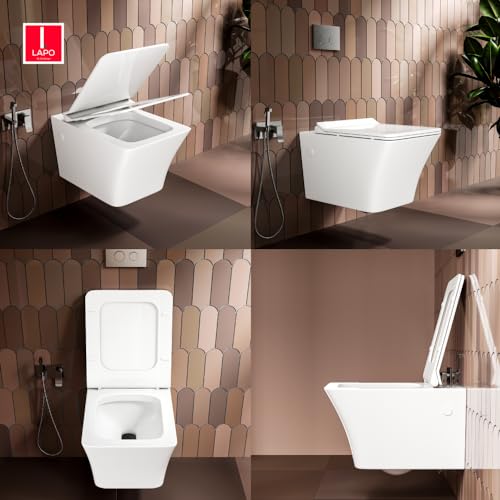Image of LAPO P Trap Wall Hung Commode Ceramic Rimless Commode Toilet, Wall Hung Western Toilet With Soft Closing Toilete Seat (White, 21X14X14 Inch)-SPN