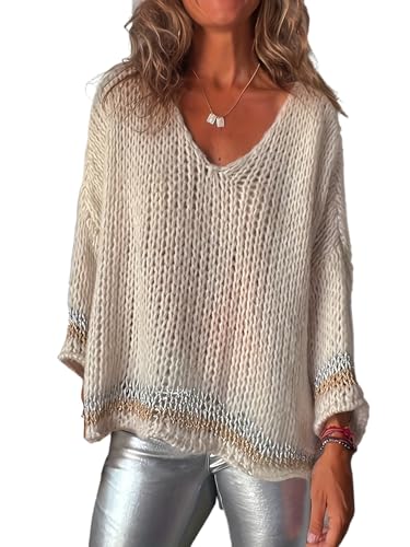 Women's Oversized Contrast Knit Sweater Drop Shoulder Long Sleeve Pullover Sweaters Casual V Neck Loose Fit Tops