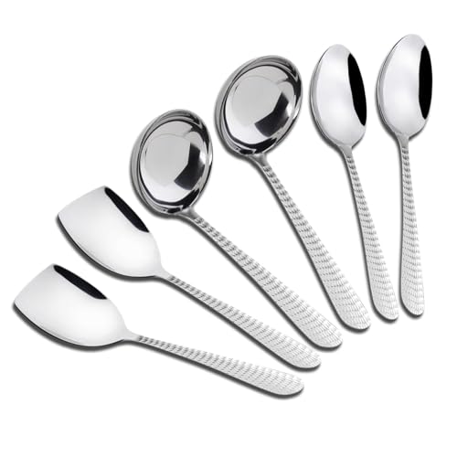 Comparison: Best Non Stick Chamcha Set 4 Serving Tools Stainless Steel 6 Piece Heavy Gauge Non-Stick Set of 2 Soup Ladle (Karchi), 2 Solid Spoon (Chamcha) and 2 Rice Spoon for Serving Soup/Curry/dal/Rice/Pasta
