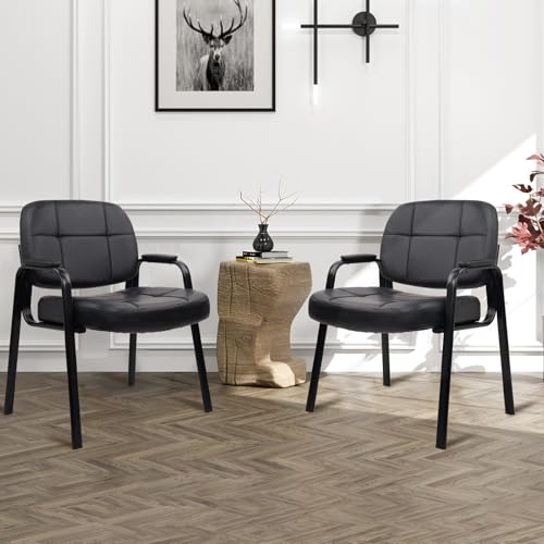 Image of CLATINA Big & Tall 500 lbs Leather Office Reception Chair No Wheels with Padded Arms, Waiting Room Guest Chair for Elderly Home Desk Conference Room Lobby Side Salon Clinic, Black