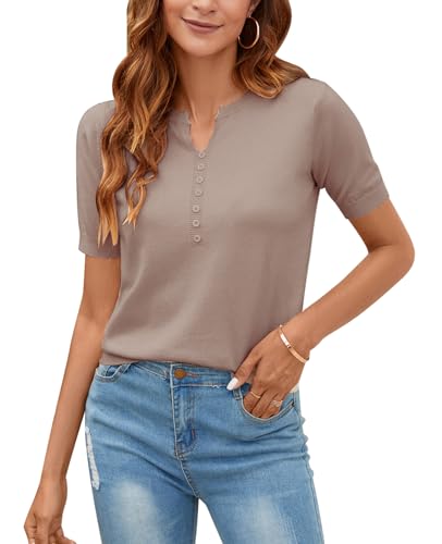Image of Women Summer Knit Shirt Blouse V Neck Short Sleeve Pullover Sweater Tops