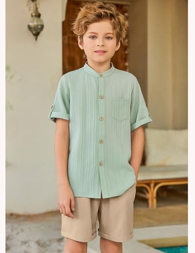 Image of Arshiner Boy's 2 Piece Beach Outfit Short Sleeve Textured Button Down Shirt and Short Sets Summer Vacation Wear 4-12 Years