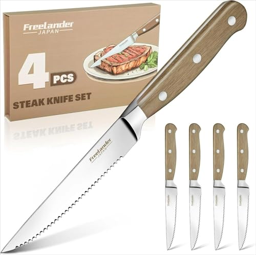 Freelander Juego Cuchillo de Carne 4 piezas, Cuchillos de Mesa con Sierra con Filo Dentado y Mango de Madera Ergonómico, Cuchillos de Bistec Afilados para Cortar Bistec y Carne