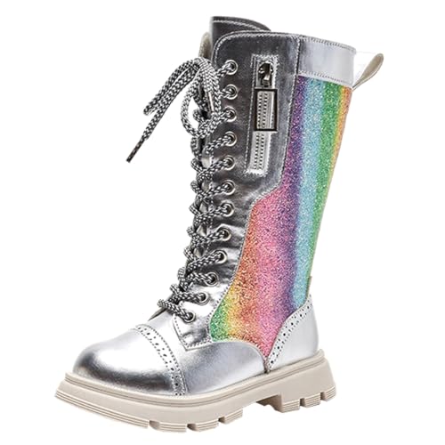 kkdom Girls Knee High Lace Up Side Zipper Mid Calf Combat Riding Boots Sparkly Rainbow Winter Boots for Kids Party Christmas Holiday