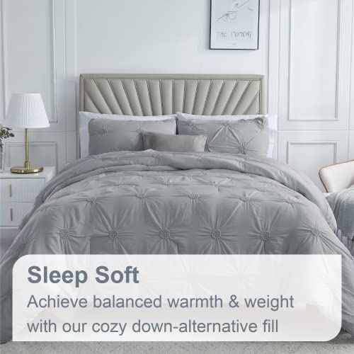 Swift Home King Cal King Gray 3-Piece Down Alternative Comforter Set Bedding Ruched 3D Floral Pintuck All-Season, Machine Washable #TOP3