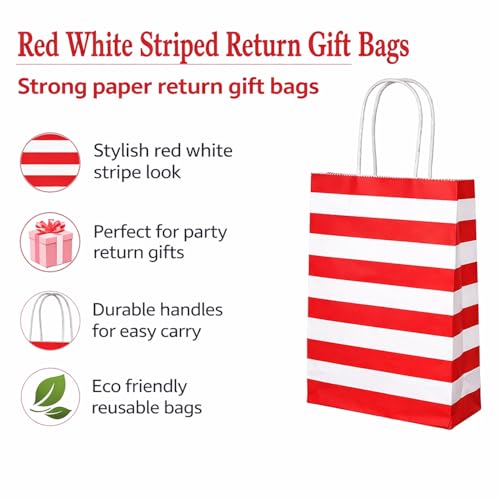 Image of Aakriti Striped Paper Gift Bags | Medium Size 10 x 4 x 12 Inches Gift Bags with Handles for Birthday Return Gifts, Party Favors & Shopping Mix Color Blue, Red, Yellow, Green & Black Pack of 50
