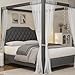 IDEALHOUSE Queen Size Canopy Bed Frame with Nailhead Decoration Headboard，Upholstered Bed Frame with Poles 4 Corner Bed Bracket,Solid Wood Slats Support,No Box Spring Needed,Noise Free,Gray
