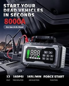 Car Battery Jump Starter with Air Compressor, 8000A Battery Jumper Starter Portable Booster Pack (All Gas/14L Diesel), 160PSI Tire Inflator & 165L/min Blower, 4-Mode 800LM LED, 12V Car Jump Box — photo 2 of 6