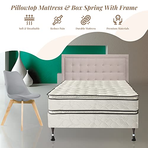 Greaton 1-Inch Pillow Top Foam, Box Spring, And Bed Frame Set, Medium Firm Sided Mattresses, Durable System, Heavy-Duty Double Riveted Steel Leg Support, Twin, White #TOP2