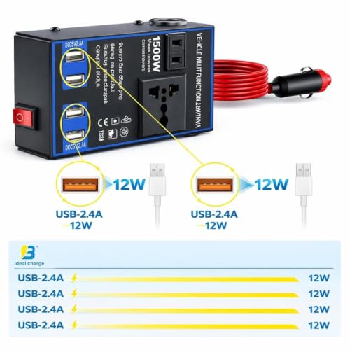 Image of Primate 1500W Car Power Inverter 12V /24V DC to 220V AC Converter with 4 USB Fast Charging Ports, 2 AC Universal Outlets, Dual Cigarette Lighter Sockets, Aluminum Alloy Car Adapter