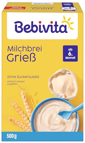 Bebivita Milchbrei Grieß (4x500g), Babybrei ab 6. Monat, ohne Zuckerzusatz, mit wertvollen Mineralstoffen und Vitaminen, gut sättigend