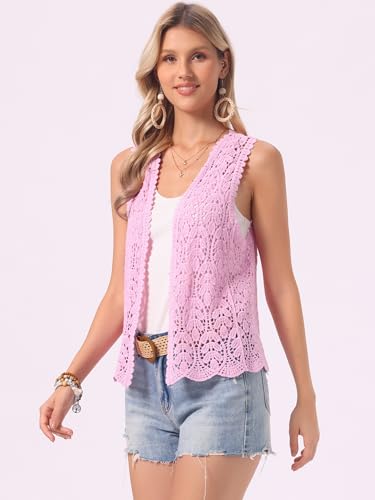 Image of Allegra K Women's Floral Crochet Hollow Out Sleeveless Open Front Boho Vest Cardigan