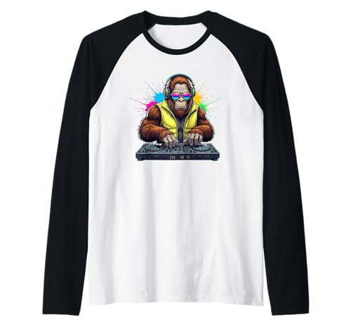 Rainbow Dj Bigfoot Music Funny Bigfoot Wearing Headphones Raglan Baseball Tee
