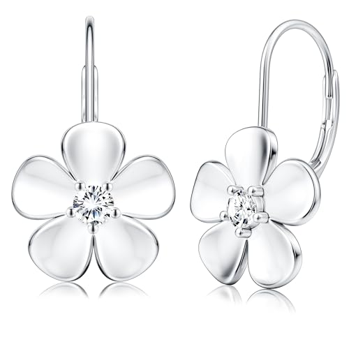 MILACOLATO 925 Sterling Silver Flower Hoop Earrings for Women 18K White Gold Plated Plumeria Flower Dangle Earrings Hypoallergenic Leverback Earrings for Sensitive Ears Valentine's Day Jewelry Gifts - Main Image
