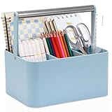 LAFARA Multipurpose Caddy Organizer, Plastic Caddy with Handle and Adjustable Divider, Art Caddy for Kids, Plastic Craft Caddy for Art Supplies, Crafts, Sewing, Colored Pencils (Silver Blue)