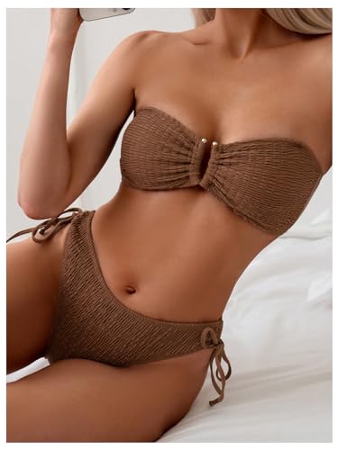 SweatyRocks Women's 2 Piece Bathing Suit Halter Neck Smocked Bikini Set Tie Side High Waisted Swimsuit2