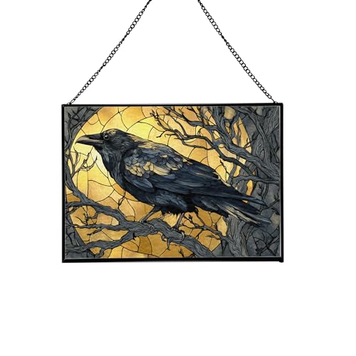 Crow Landing on Bare Autumn Branch Rectangular Stained Glass Suncatcher – Hanging Window Panel with Animal & Nature Scene – Vibrant Glass Art Gift for Wildlife, Fantasy, Nature Lovers vwTDNo