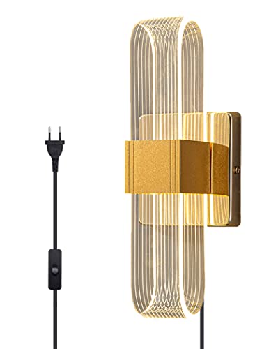 LED Innen Wandleuchte Dimmbar 12W Acryl Wandlampe Mit Stecker und Schalter 2700-6000k Moderne UP und Down Nachttischlampe Wand Leuchten Wandbeleuchtung Für Wohnzimmer Schlafzimmer Treppen Flur,Gold Cover