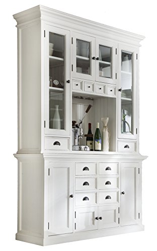 NovaSolo Halifax Pure White Mahogany Wood Hutch Cabinet With Glass Doors, Storage And 12 Drawers