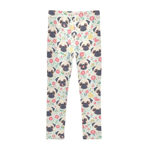 Wusikd Cute Pug Dog Girls' Leggings Toddler Doodles Flowers Kids Yoga Pants Dance Active Tights 4T2