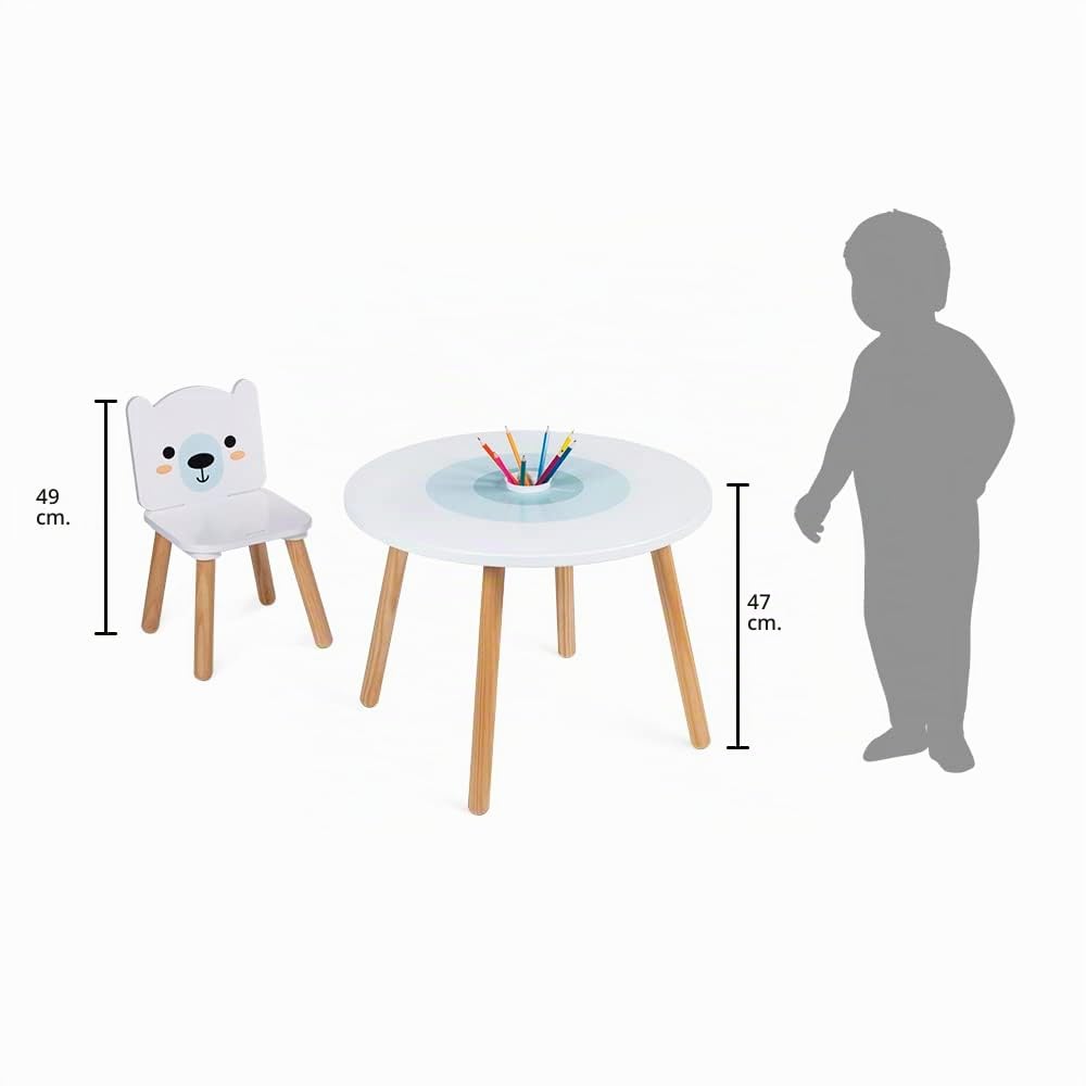 Janod - Mesa y 2 sillas de Madera con Forma de témpano - Mesa Infantil Redonda con portalápices extraíble - 1 Silla con Forma de Oso Polar y 1 Silla con Forma de pingüino - A Partir de 3 años, J09650