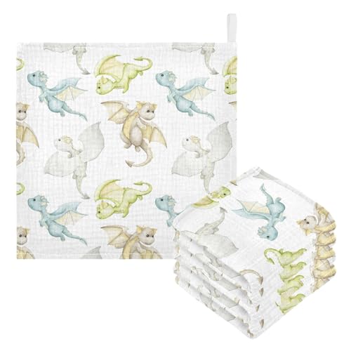 Image of vvfelixl Watercolor Dragons Cartoon Style Baby Burp Cloths Baby Muslin Washcloths for Boys Girls Cotton Baby Face Towel for Newborn Infants Soft and Absorbent 11.8 X 11.8 in, 5 Pack