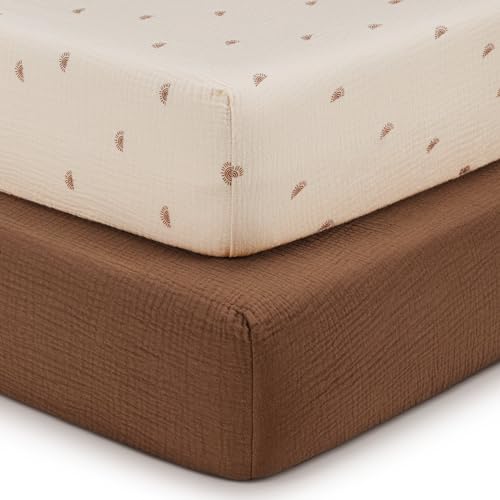 Image of Muslin Crib Sheets for Girls and Boys, Cotton Boho Neutral Fitted Baby Crib Sheet for Standard Crib Mattress & Toddler Bed Mattress (52"x28"), Soft Breathable Baby Sheets 2 Pack (Sunshine&Brown)