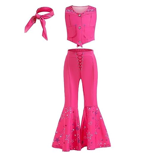 LiUiMiY Disfraz Barbie Niña Conjunto Uniforme de Vaquera Rosa 70s 80s Disco Costume para Halloween Carnaval Cumpleaños