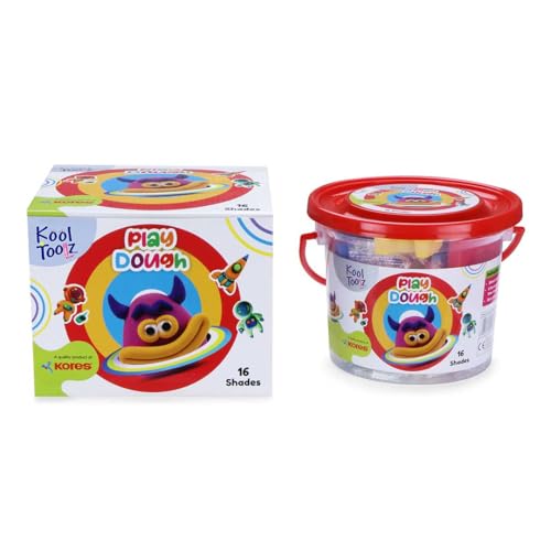 Image of Kores Play Dough - 400 g (16 Shades) | Non-Toxic Soft Modelling Clay with 8 Moulds, 2 Impression Moulds, 1 Cutter & 1 Roller |Creative Art Set for Kids | Fun Learning & Sensory Play Bucket