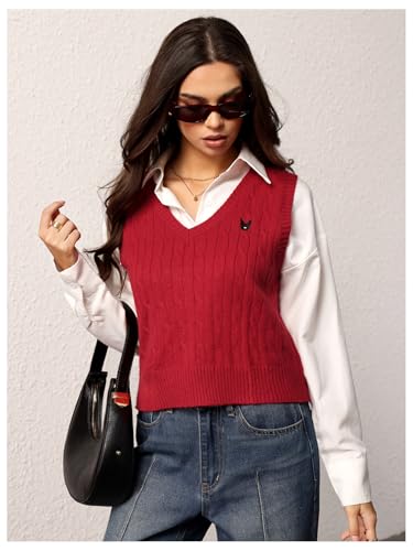 Image of BEAUDRM Women's Embroidery Cable Knit Sweater Vest V Neck Knitted Casual Sleeveless Sweater Pullover Top